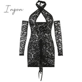 Ingvn - Tassel Stitching Sexy Dress For Women Evening Clubbing Party Square Collar Halter Hollow Out Backless Lace Mini Dress