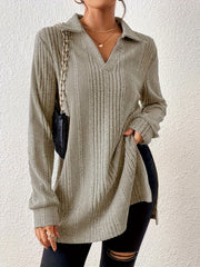 1pc Elegant Solid Color Ribbed Knit V-Neck T-Shirt, Long Sleeve Polyester Top for Women, Spring/Fall Casual Wear