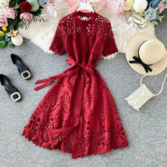 Ingvn - Women Elegant Hollow Out Lace Dress Office Lady Summer Solid O-Neck Button up Sashes Midi Dress Female Chic Short Sleeve Dress