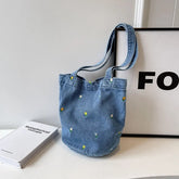 Ingvn Large Capacity Women's Shoulder Bucket Bag Soft Denim Female Reusable Shopping Bags Embroidery Flower Ladies Tote Purse Handbag