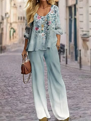 Plus Size Casual Outfits Set, Women's Plus Floral Print Long Sleeve Round Neck Top & Wide Leg Pants Outfits Two Piece Set