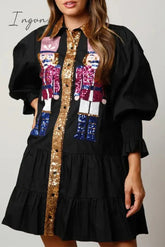 Ingvn - Sweet Solid Sequins Contrast Turndown Collar Long Sleeve Dresses