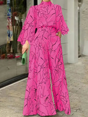 Ingvn - Summer European and American Women's Dress Elegant Waist Tie up Long Sleeve Hanging Neck Pants Print Jumpsuits