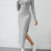 Stylish Solid Ribbed Split Dress - Elegant Women's Long Sleeve Crew Neck Dresses for Everyday Wear - Comfortable, Versatile, and Chic Clothing for Ladies