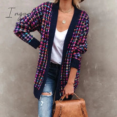 Ingvn - Fitshinling Bohemian Plaid Cardigans Women Vintage Long Coat Female Jacket Knitwear Winter Slim Sweater Cardigan Pockets