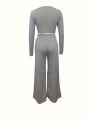 Two-piece Long Sleeve & Long Length Solid Casual Crew Neck Outfits, Women's Clothing Set