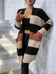 Long Sleeve Color Block Pockets Cardigan for Fall & Winter, Casual Women's Clothing