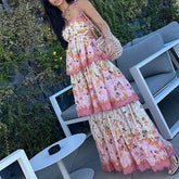Women Elegant Flower Print Cake Layered Dress Sexy One Shoulder Sleeveless Bohemian Dress Fashion Waist Pleated Long Dress