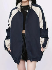 Trendy Y2K Color Block Bomber Jacket for Women - Easy Care, All-Season Comfort with Chic Lapel Neck Design