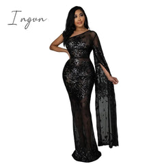 Ingvn - Sexy Mesh See Though Evening Dresses Sequins Women Dress Dress One Shoulder Night Party Clothing Skew Collar Vestidos