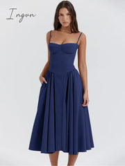 Ingvn - Elegant Women Dress Spaghetti Strap A-line Loose Midi Dresses Female Sleeveless Backless French Retro Long Dress