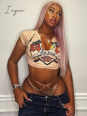 Ingvn - Y2K V Neck Graphic T Shirts Women Summer Print Short Sleeve Tee Top Hottie Fashion Streetwear Spicy Girls Casual T-shirt