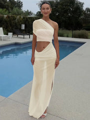 Mesh Hollow Out Backless Sexy Maxi Dress For Women Fashion One Sleeveless See Through Ruched Bodycon Club Long Dress