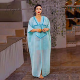 Ingvn - African Modern design blue mesh embroidered deep V-neck plus size skirt with inner skirt African-American women's dress