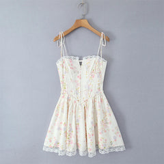 Sexy Elegant Women Lace Patchwork Floral Print Sling Mini Dress Low Waist A-line Summer Holiday Party Dresses Pretty Robe