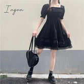 Ingvn - Japanese Lolita Style Women Princess Black Mini Dress Slash Neck High Waist Gothic Dress Puff Sleeve Lace Ruffles Party Dresses