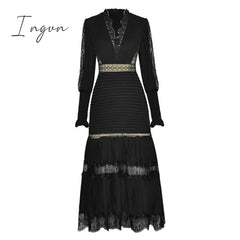 Ingvn - Summer Sexy Party Dress Women Single Breasted Long Sleeve Layer Ruffle Flower Embroidery Lace Tulle Maxi Dress Robe