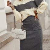 Casual Ribbed Two-piece Set, Color Block Knit Sweater & Solid Midi Sweater Skirts Outfits, Women's Clothing