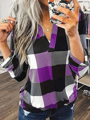 Casual Plaid Shirt, Long Sleeve V-neck Shirt, Casual Every Day Tops, Women's Clothing