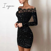 Ingvn - Spring Off Shoulder Splicing Lace Dress Sexy Slim-Fit Bright Silk Bag Hip Black Dress Fashion Elegant Women New Mini Party Dress