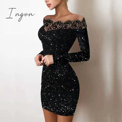 Ingvn - Spring Off Shoulder Splicing Lace Dress Sexy Slim-Fit Bright Silk Bag Hip Black Dress Fashion Elegant Women New Mini Party Dress