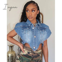 Ingvn - Sexy Sleeveless Single-breasted Blue Denim Vest Women's Turn-down Collar Cut Out Short Jean Jacket All-match Tank Coats