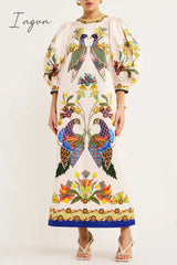Ingvn - Casual Bohemian Print Patchwork O Neck One Step Skirt Dresses