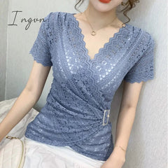 Ingvn - 5XL Women lace tops New Arrivals Summer short sleeve v-neck women blouse shirt Sexy Hollow out lace tops plus size blusas