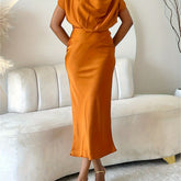 Drape Neck Satin Bodycon Midi Dress, Short Sleeves, Orange Color, Prefect For Dating, Fall Wedding Guest, And Formal Occasion