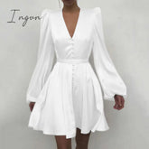 Ingvn - High Quality New Women Elegant Solid Ruffle Dress Sexy Lantern Sleeve Satin Slim A-line Dress Spring Autumn V-neck Party Dresses Vestido