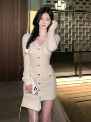 French Elegant Slim Knitted Dress Short Party One Piece Dress Korean Fashion Winter Sexy Bodycon Y2k Mini Dress Woman Chic