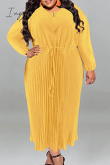 Ingvn - Gold Casual Street Solid Patchwork Draw String Zipper Pleated O Neck Long Sleeve Plus Size Dresses