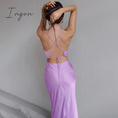Ingvn - Purple Satin Midi Dress Summer Women Sexy Backless Sleeveless Pile Collar Spaghetti Strap Bandage Dress Woman Party Long Dresses
