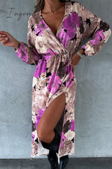 Ingvn - Elegant Floral Slit V Neck Printed Dress Dresses