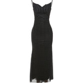 Fashion Polka Dot Print Maxi Dress Women Bandage Backless v-Neck Mesh Elegant Simple Temperament Casual Street Vestidos