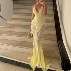 Sexy Sequin Halter Backless Shiny Long Dress Women's Sleeveless V Neck Chic Glitter Dresses Party Evening Vacation Holiday