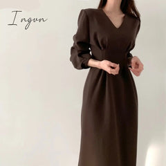 Ingvn - Spring Autumn Women Solid Black Elegant Office Lady V Neck Fashion Long Korea Chic Dress
