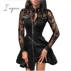 Ingvn - Women Plus Size 5XL Summer Lace Sleeve PU Faux Leather Mini Dress V-Neck Zipper Party Dress Sexy Bodydon Dress