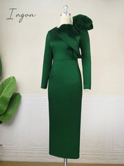 Ingvn - Dresses for Women Party Elegant Long Sleeve Asymmetric Ruffle Shimmer Midi Tight Dress Chic Evening Cocktail Birthday Night Gown