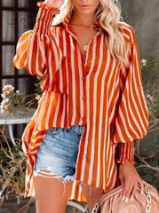 Ingvn - 2023 Spring Fall Lantern Sleeve Striped Shirt Blouse Women Lapel Buttons Loose Shawl Cover-Ups Elegant Beach Bikini Cover Up
