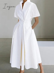 Ingvn - Women's Shirt Dress Casual Dress Swing Dress Midi Dress Outdoor Daily Vacation Polyester Fashion Modern Split Neck Button Pocket Short Sleeve Summer Spring 2023 Regular Fit White Green Plain S M L XL