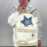 INGVN Vintage Fashion Denim Letter Star Backpacks Sweet Casual Korean Schoolbag Y2k Aesthetic Contrast Color All Match Backpack Women