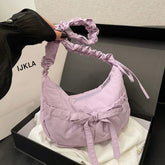Ingvn Popular Preppy Style Nylon Bow Hobo Bag Women Cute Pretty Pleated Shoulder Crossbody Bag Drawstring Exquisite Shoulder Bag