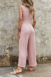 Ingvn - Ribbed Scoop Neck Tie Waist Sleeveless Jumpsuit