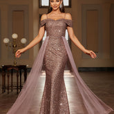 Sequined Contrast Mesh Cold Shoulder Asymmetrical Dress, Elegant Bodycon Dress For Party & Banquet, Women's Clothing