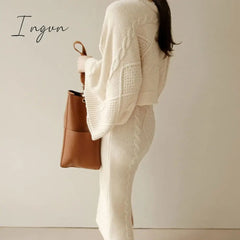 Ingvn - Autumn Winter Knitting Womens Two Peice Sets Elegant O-neck Long Sleeve Pullover Sweater Women+midi Skirt 2 Piece Sets Womens