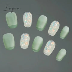 Frosted Mint Green Handmade Nails Spring Cat Eye Short Nails Press on Full Cover Acrylic Nails Art Stick on Tips Accessories