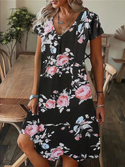 Ingvn - Women's Casual Dress Summer Dress Print Dress Leaf Floral Print V Neck Midi Dress Fashion Modern Outdoor Daily Short Sleeve Regular Fit Black White Yellow Summer Spring S M L XL XXL