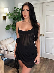 Ingvn Fashion Strapless Flower Bandage Mini Dresses for Women White Black Sexy Female Sleeveless Tunics Lace-up Evening Party Dress