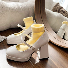 High Heels Women Trend Chunky Heels Platform Lolita Mary Jane Elegant Party Korean Shoes Dress White The Glossy Fashion